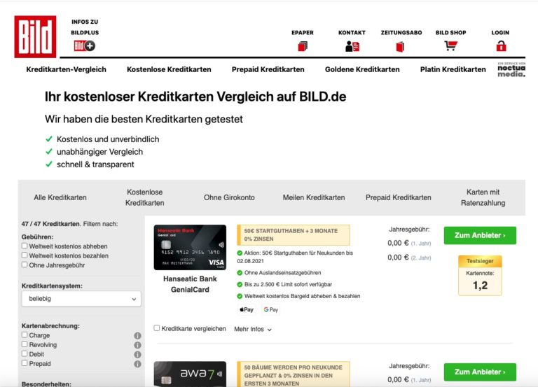 Noctua Media's credit card whitelabel integration on Bild.de